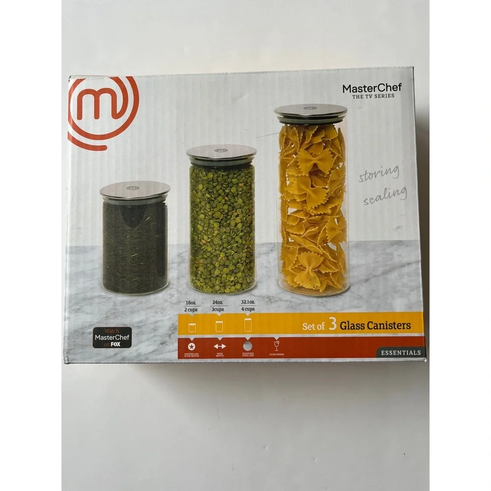 MasterChef 3 Pc Glass Canister Set TV Series Stainless Steel Lids 16 24 32 oz